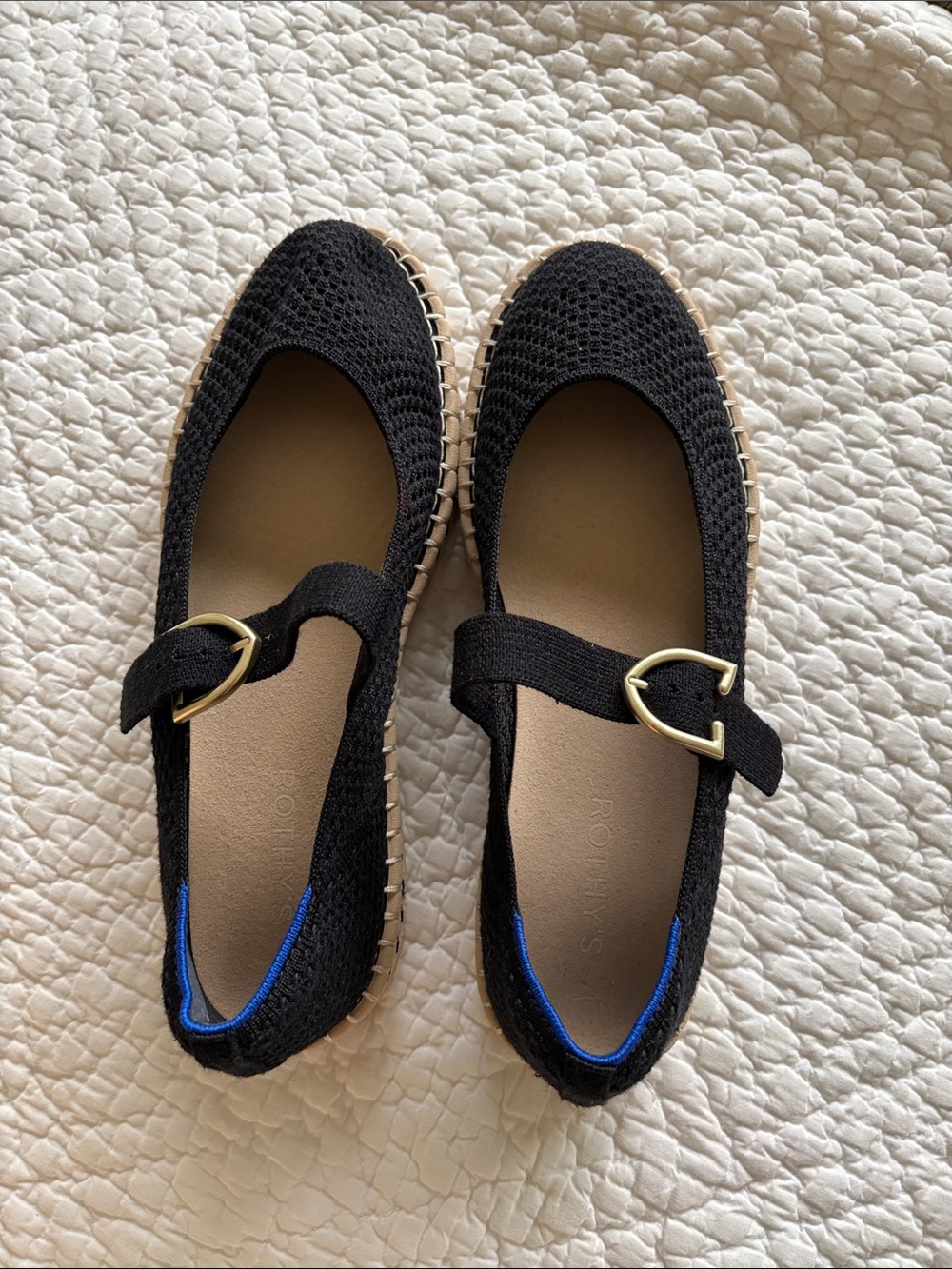 Rothy's Black Knit Mary Jane Flats with Gold Buckle